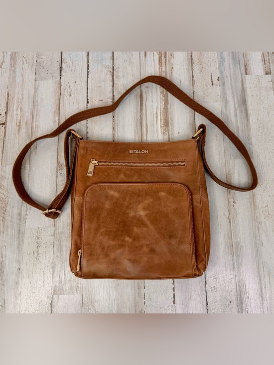 Estalon Handbags - Estalon Brown Genuine Leather Crossbody Messenger Bag Zip Top Adjustable Strap